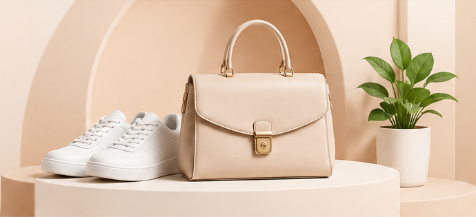 A beige handbag, white sneakers and a fresh green plant